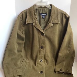 Denim & Co long heavyweight olive green denim jacket size Large